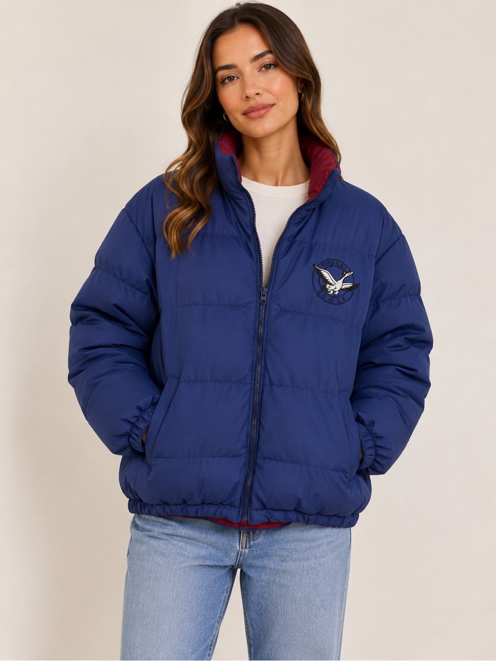 Triple F.A.T Goose Y2K 90s Navy Puffer Jacket with Red Lining | Size L